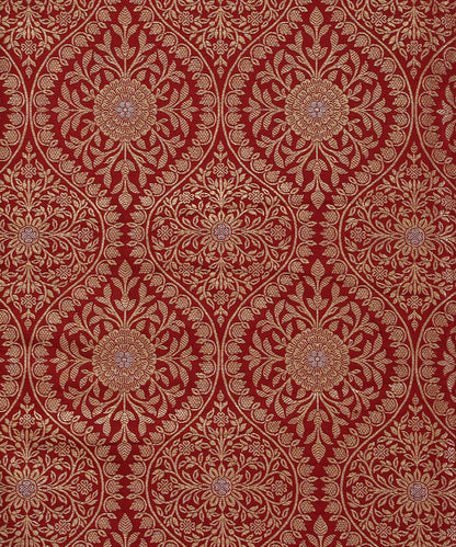 Maroon Handloom Pure Katan Silk Banarasi Kimkhab Fabric With Floral Jaal