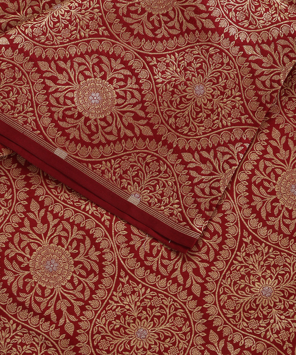 Maroon Handloom Pure Katan Silk Banarasi Kimkhab Fabric With Floral Jaal