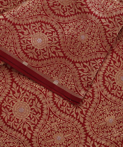 Maroon Handloom Pure Katan Silk Banarasi Kimkhab Fabric With Floral Jaal