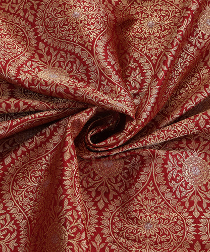 Maroon Handloom Pure Katan Silk Banarasi Kimkhab Fabric With Floral Jaal