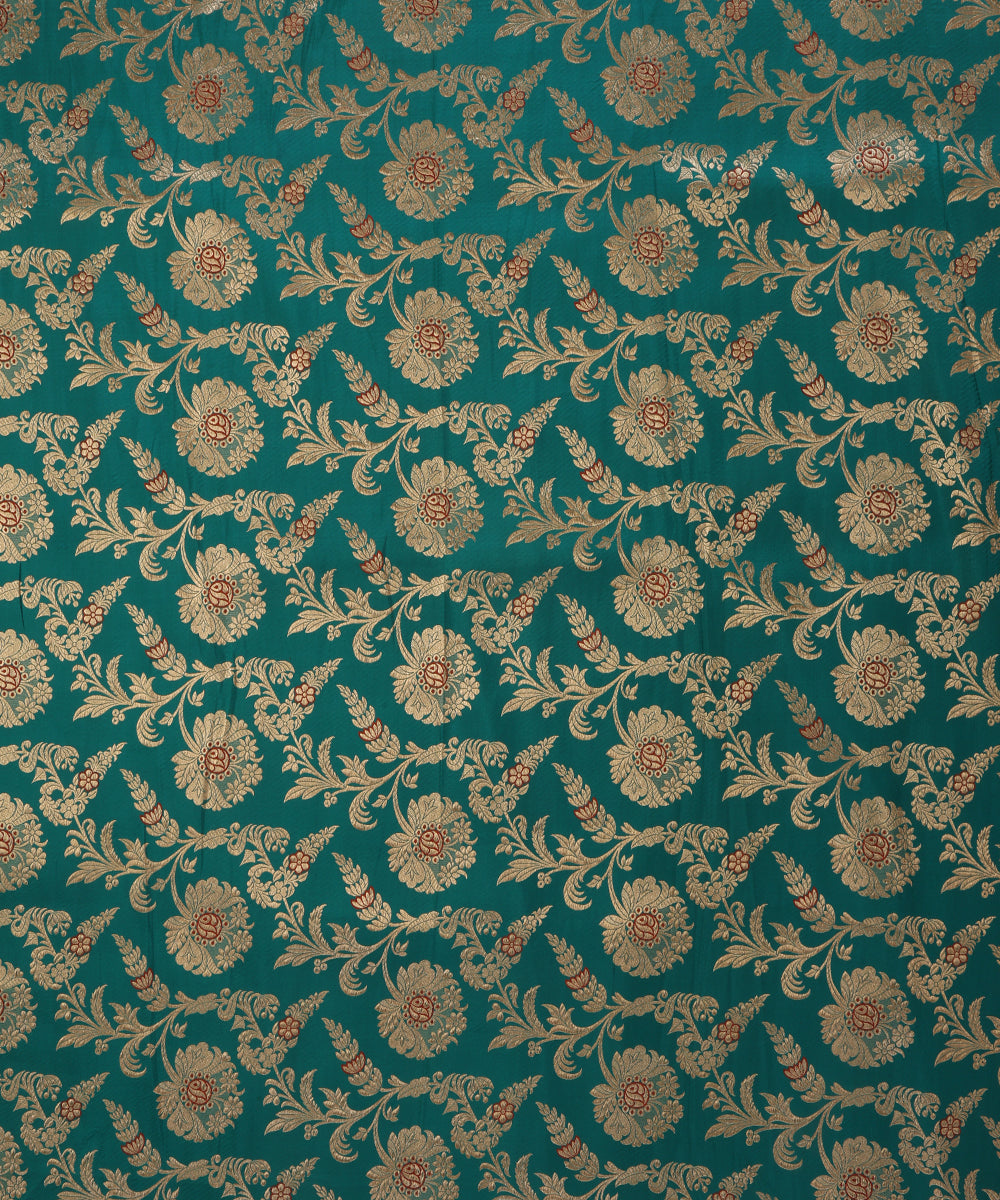 Teal Handloom Pure Katan Silk Red Meenakari Floral Jaal Fabric With Self Weave