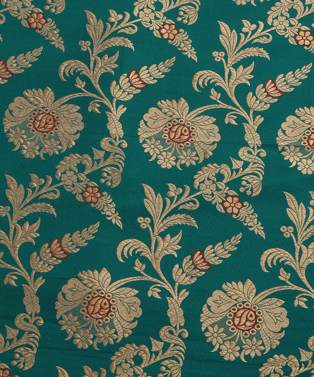 Teal Handloom Pure Katan Silk Red Meenakari Floral Jaal Fabric With Self Weave