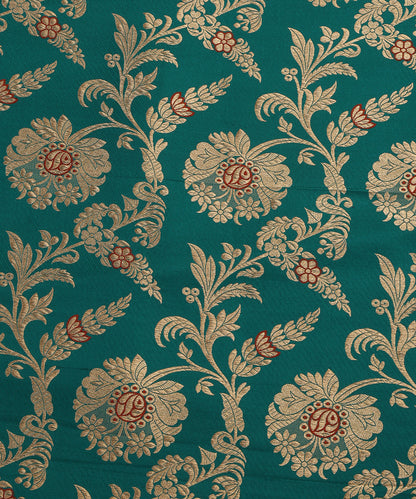 Teal Handloom Pure Katan Silk Red Meenakari Floral Jaal Fabric With Self Weave