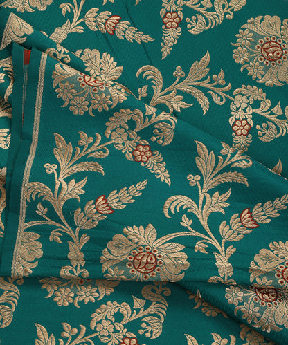 Teal Handloom Pure Katan Silk Red Meenakari Floral Jaal Fabric With Self Weave