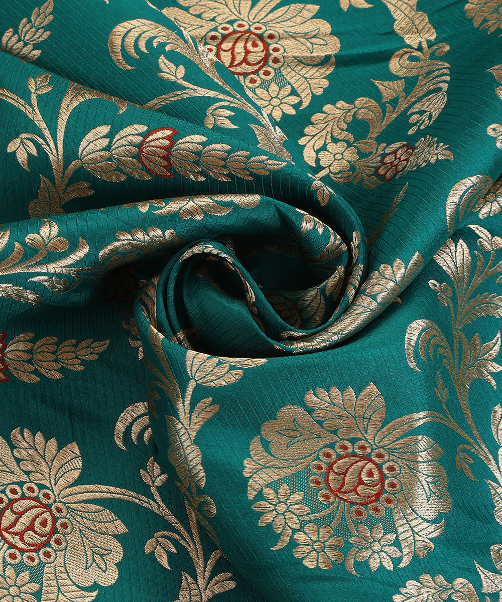 Teal Handloom Pure Katan Silk Red Meenakari Floral Jaal Fabric With Self Weave