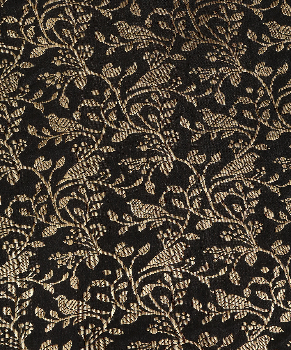 Black Handloom Pure Katan Silk Kimkhab Shikargah Fabric