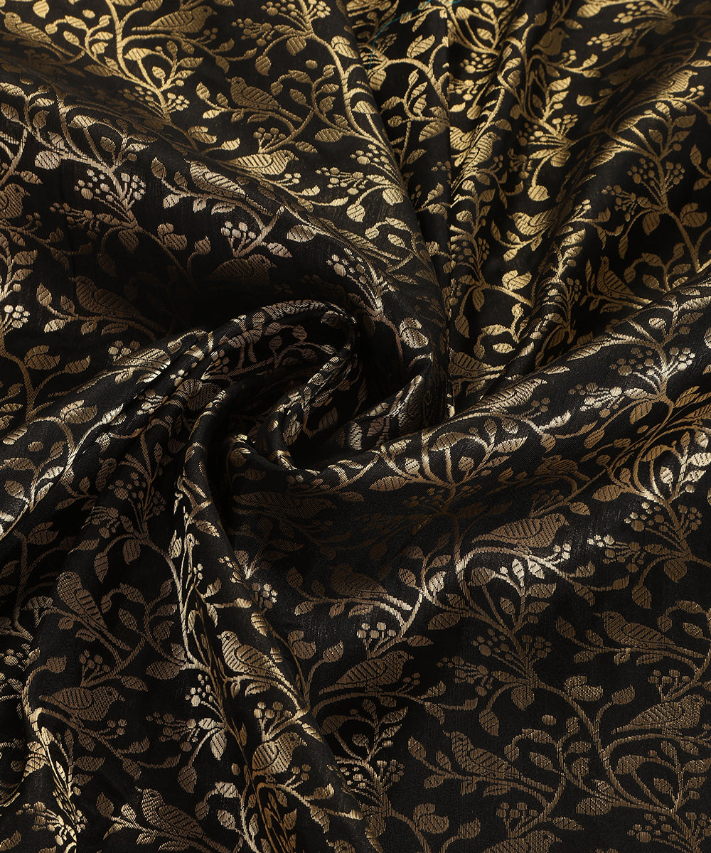 Black Handloom Pure Katan Silk Kimkhab Shikargah Fabric