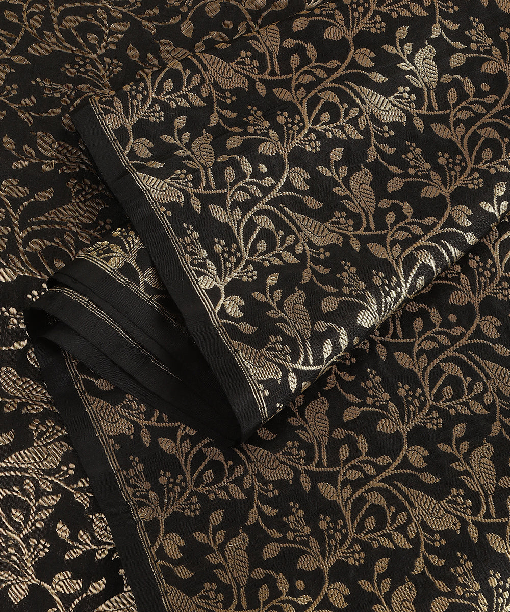 Black Handloom Pure Katan Silk Kimkhab Shikargah Fabric