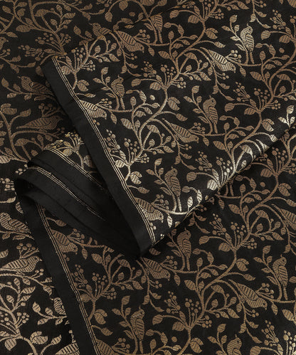 Black Handloom Pure Katan Silk Kimkhab Shikargah Fabric