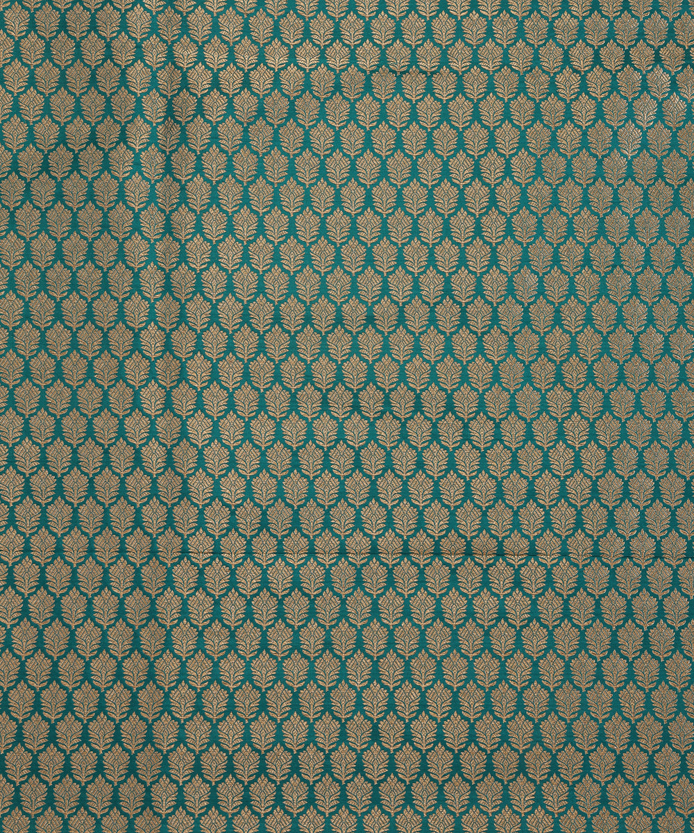 Teal Handloom Katan Silk Kimkhab Fabric With Floral Boota