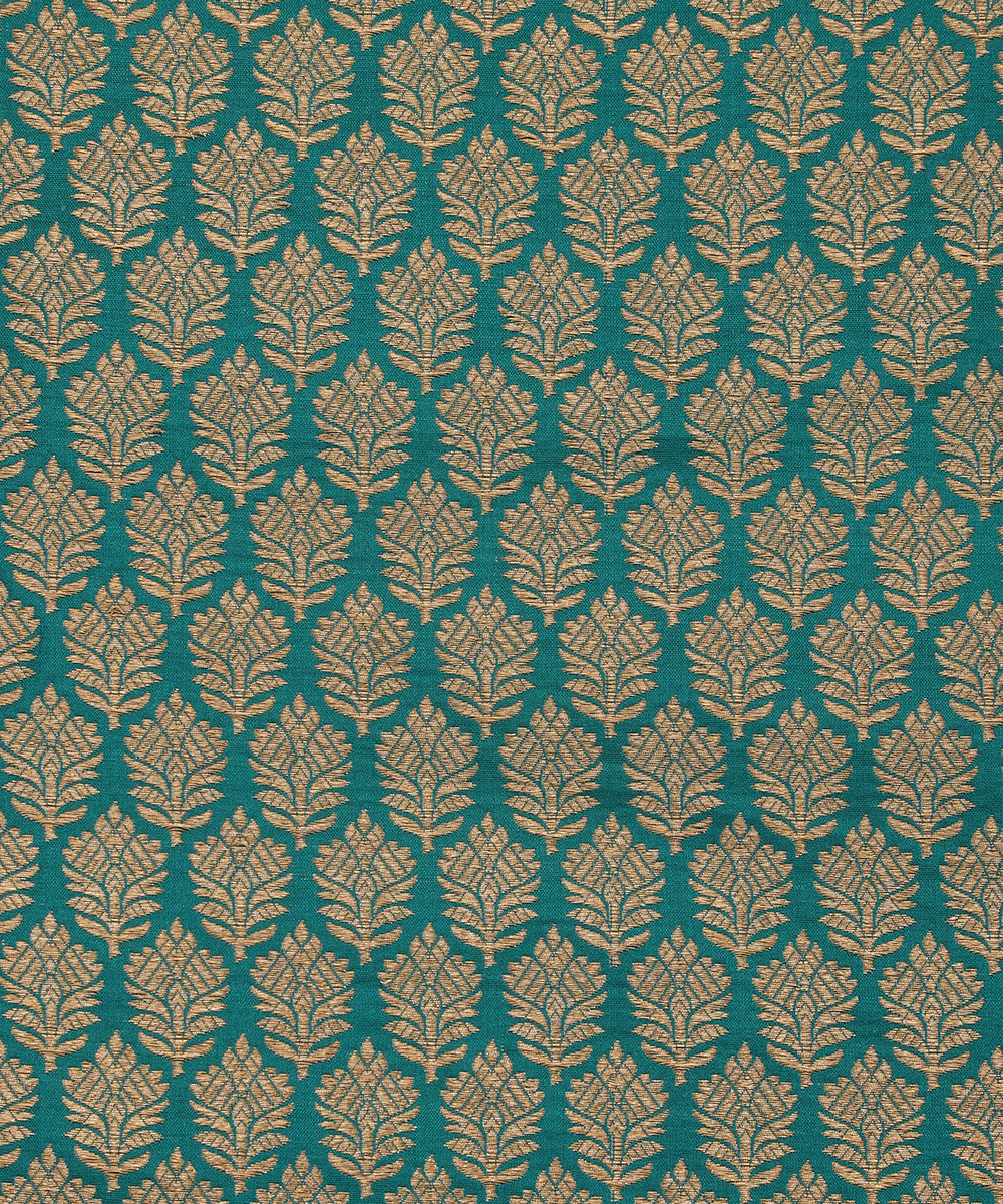 Teal Handloom Katan Silk Kimkhab Fabric With Floral Boota