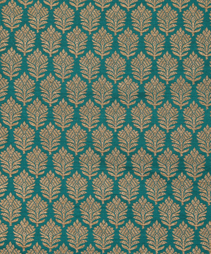 Teal Handloom Katan Silk Kimkhab Fabric With Floral Boota