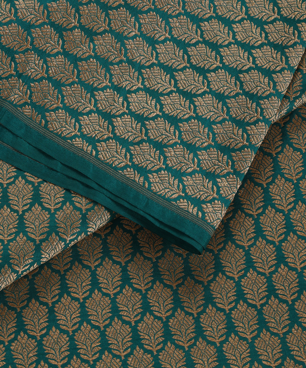 Teal Handloom Katan Silk Kimkhab Fabric With Floral Boota