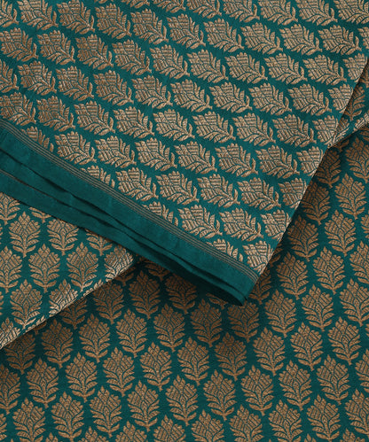 Teal Handloom Katan Silk Kimkhab Fabric With Floral Boota