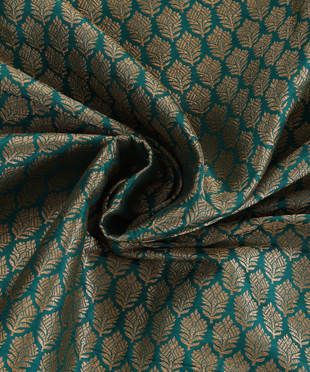 Teal Handloom Katan Silk Kimkhab Fabric With Floral Boota