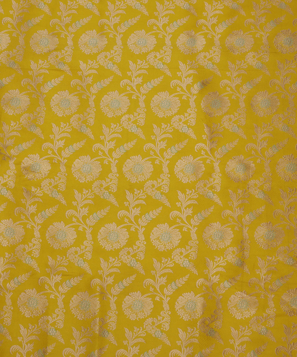 Lemon Yellow Handloom Pure Katan Silk Pink Meenakari Floral Jaal Fabric With Self Weave