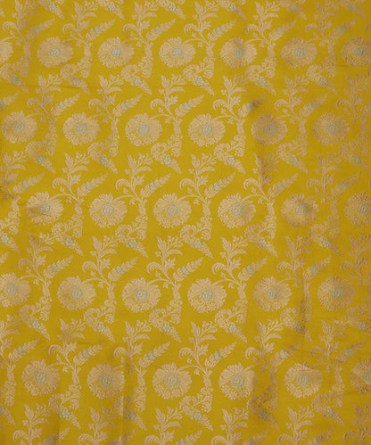 Lemon Yellow Handloom Pure Katan Silk Pink Meenakari Floral Jaal Fabric With Self Weave