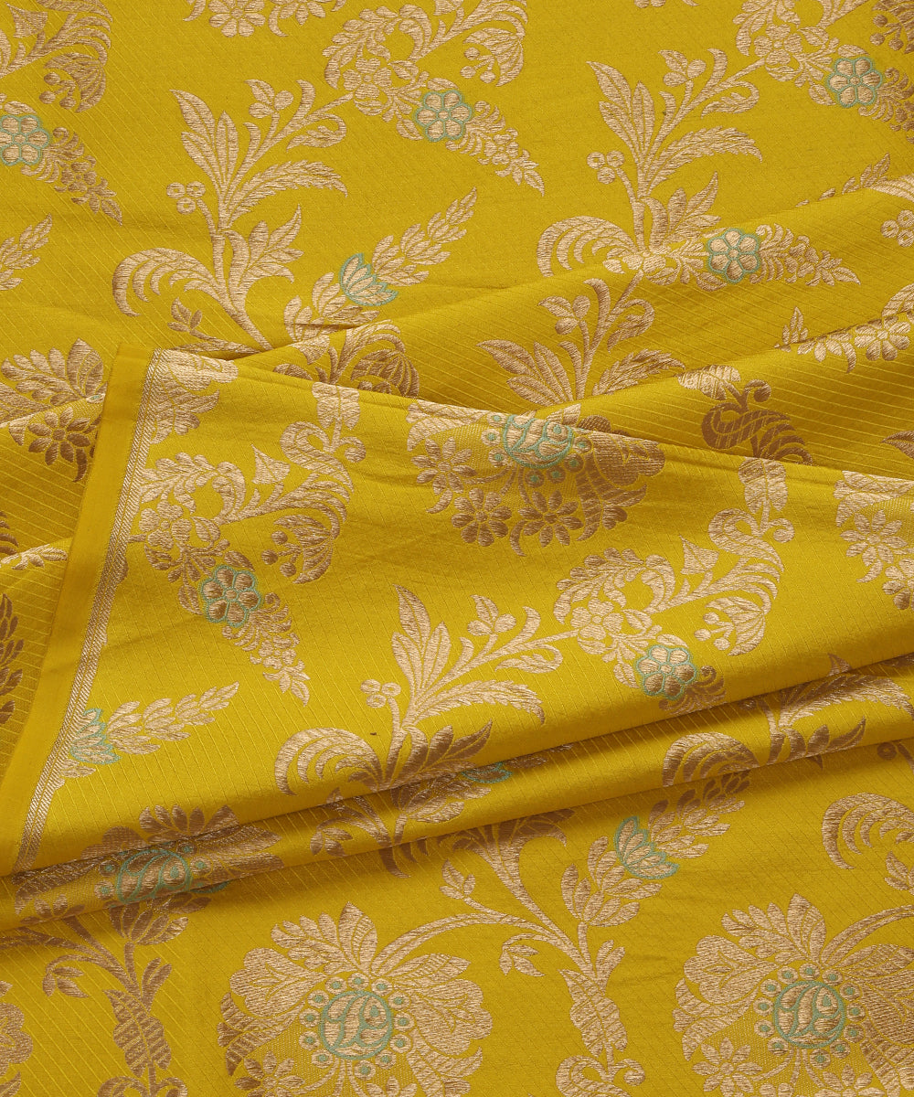 Lemon Yellow Handloom Pure Katan Silk Pink Meenakari Floral Jaal Fabric With Self Weave