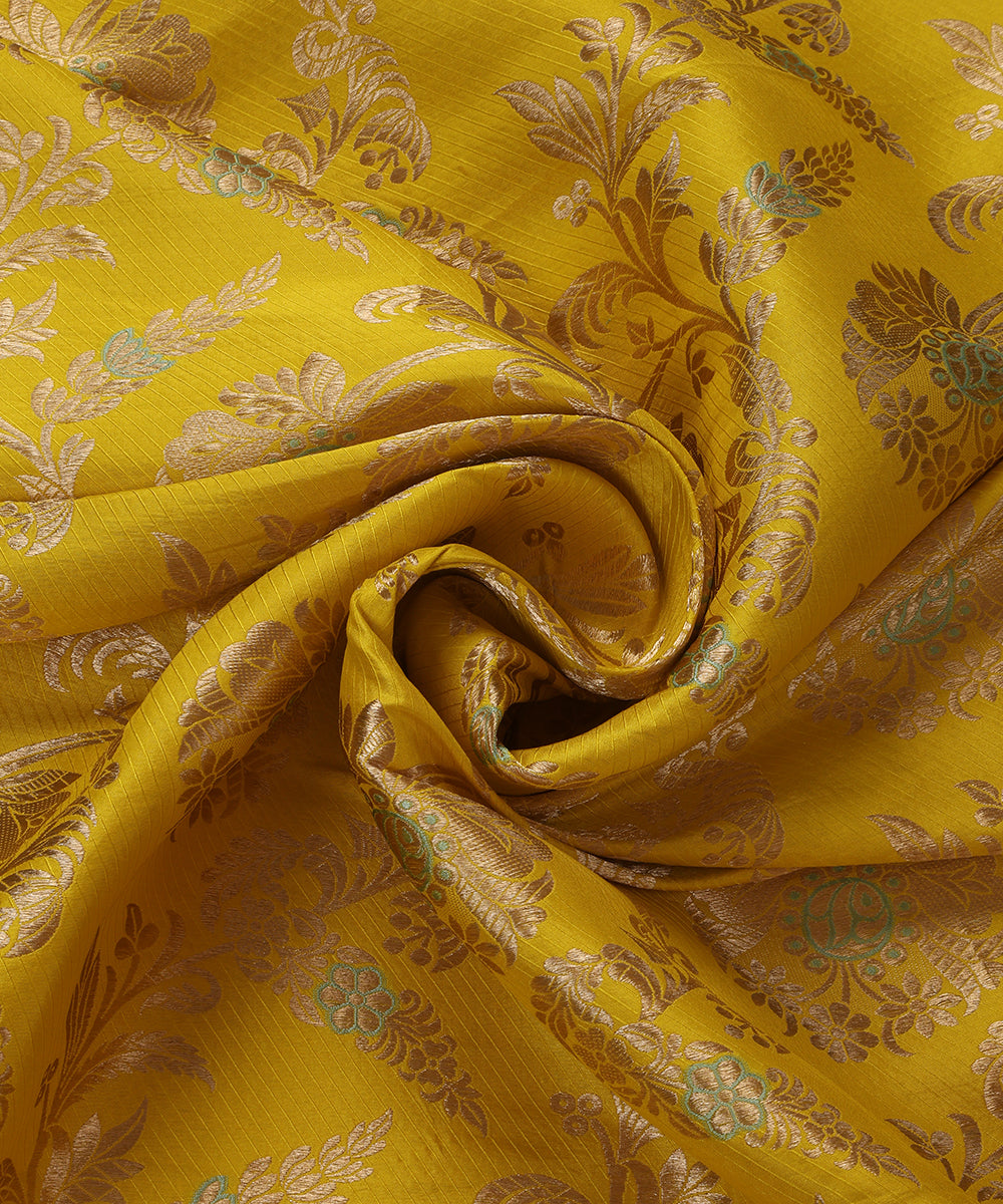 Lemon Yellow Handloom Pure Katan Silk Pink Meenakari Floral Jaal Fabric With Self Weave