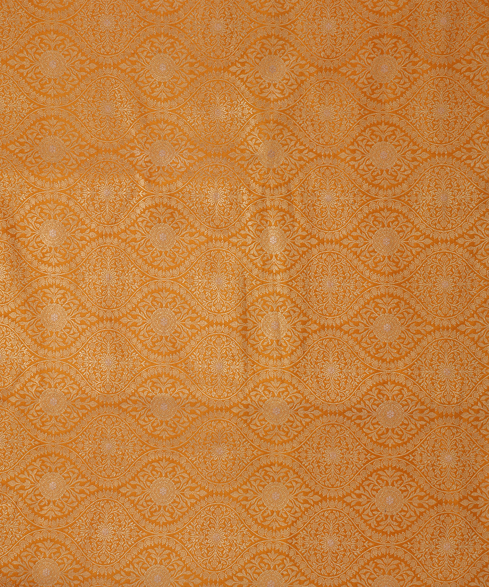 Yellow Handloom Pure Katan Silk Banarasi Kimkhab Fabric