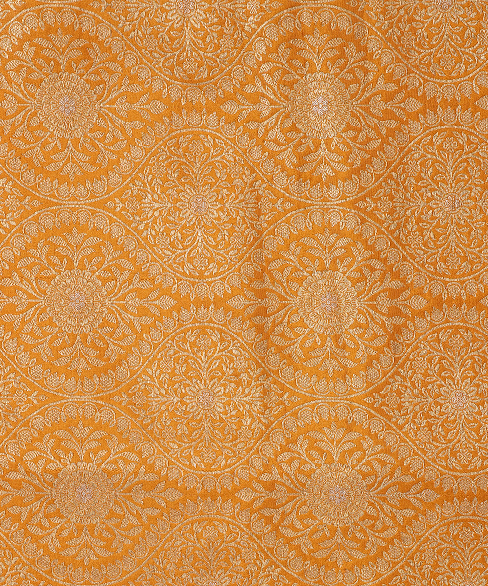 Yellow Handloom Pure Katan Silk Banarasi Kimkhab Fabric