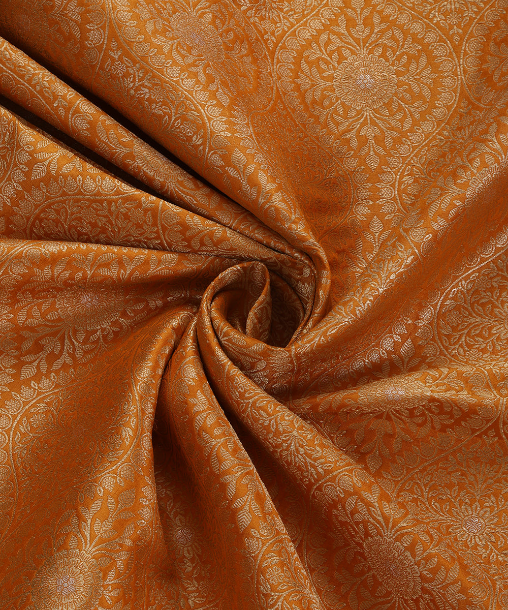 Yellow Handloom Pure Katan Silk Banarasi Kimkhab Fabric