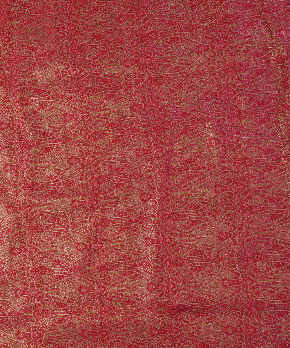 Rani Pink Handloom Pure Katan Silk Paisley Motif Resham Three Color Zari Brocade Fabric