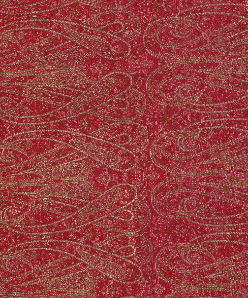 Rani Pink Handloom Pure Katan Silk Paisley Motif Resham Three Color Zari Brocade Fabric