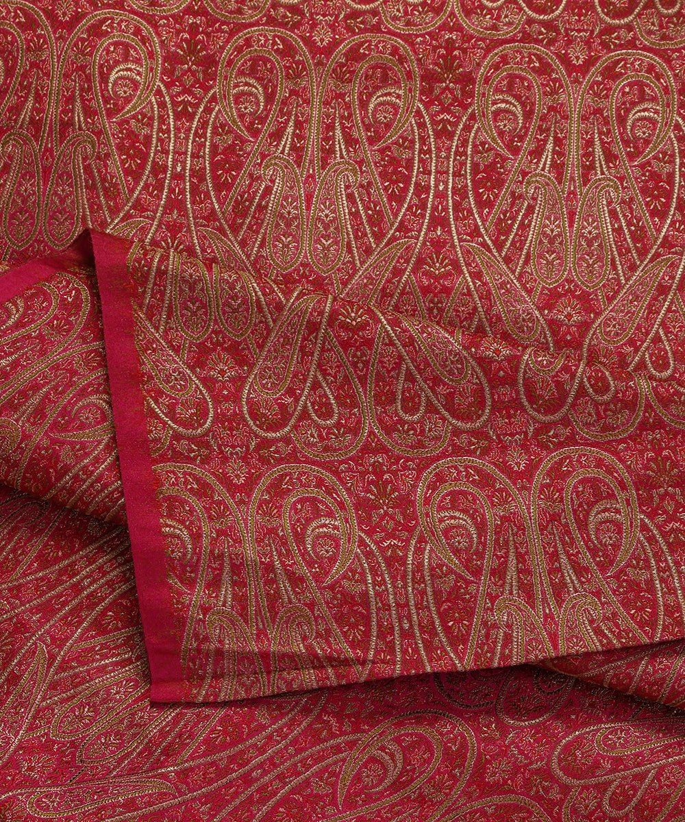 Rani Pink Handloom Pure Katan Silk Paisley Motif Resham Three Color Zari Brocade Fabric