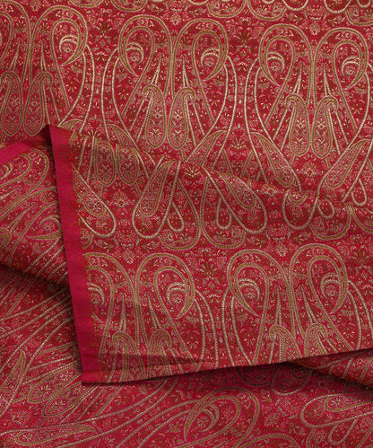 Rani Pink Handloom Pure Katan Silk Paisley Motif Resham Three Color Zari Brocade Fabric