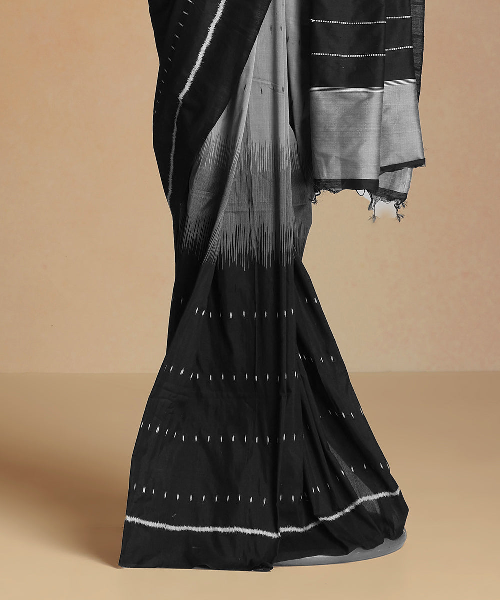 Black-Grey Handloom Cotton Silk Ikat Saree With Strings of Music Motif