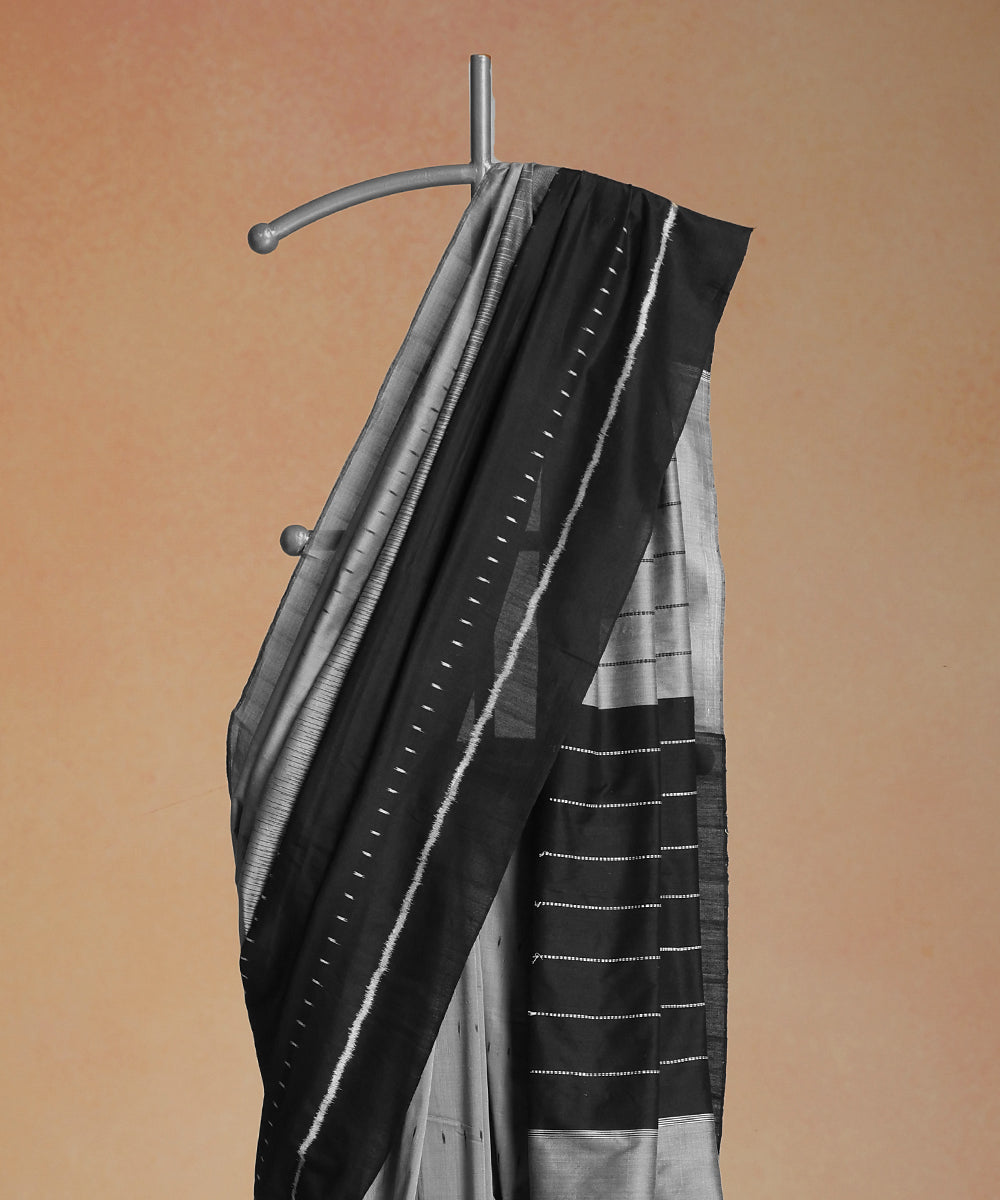 Black-Grey Handloom Cotton Silk Ikat Saree With Strings of Music Motif