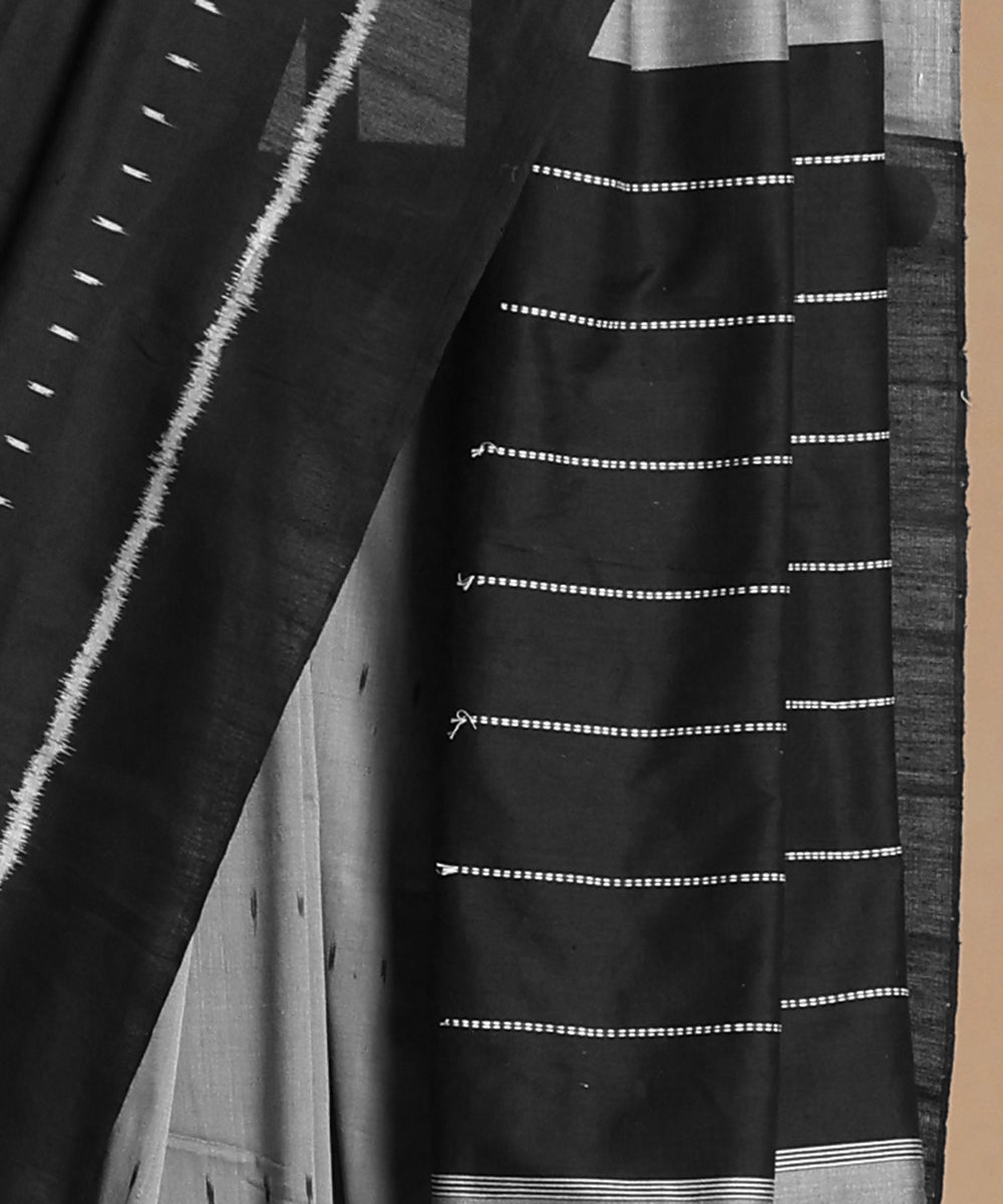 Black-Grey Handloom Cotton Silk Ikat Saree With Strings of Music Motif