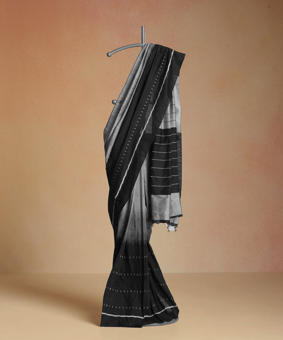Black-Grey Handloom Cotton Silk Ikat Saree With Strings of Music Motif