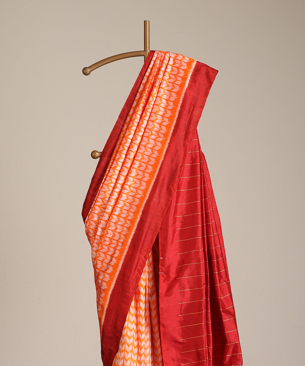 Flaming Orange Handloom Silk Ikat Saree With Chevron Motif