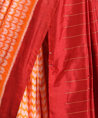Flaming Orange Handloom Silk Ikat Saree With Chevron Motif