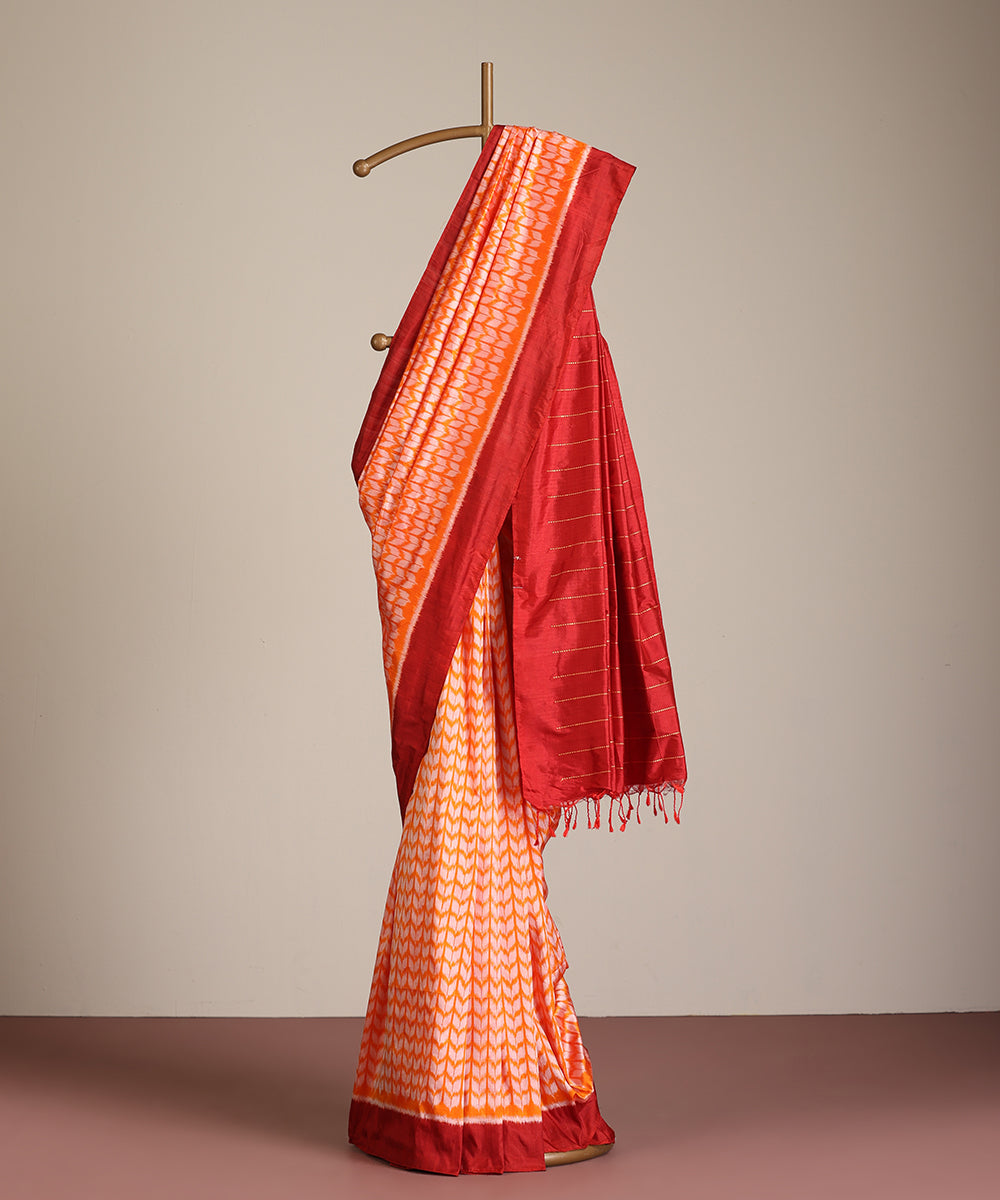 Flaming Orange Handloom Silk Ikat Saree With Chevron Motif