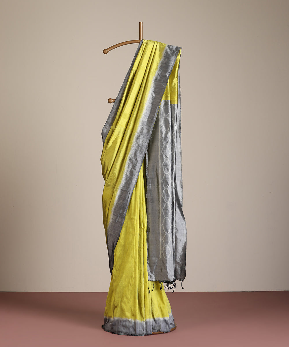 Lime Handloom Silk Ikat Saree With Jaali Motif