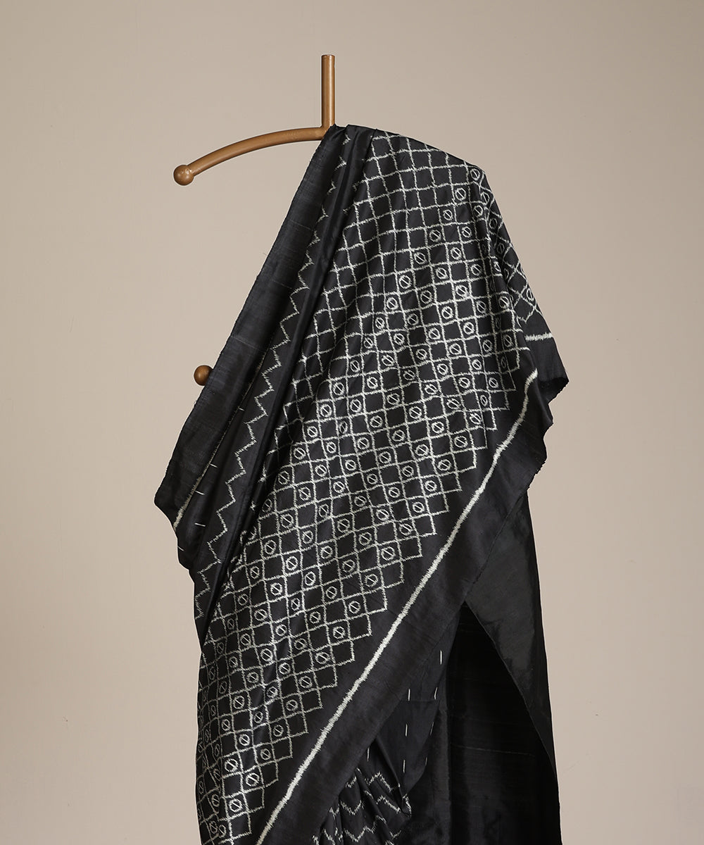 Black Handloom Silk Ikat Saree With Geometrical Motifs