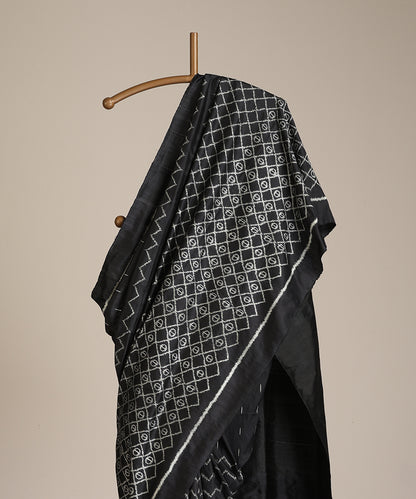 Black Handloom Silk Ikat Saree With Geometrical Motifs