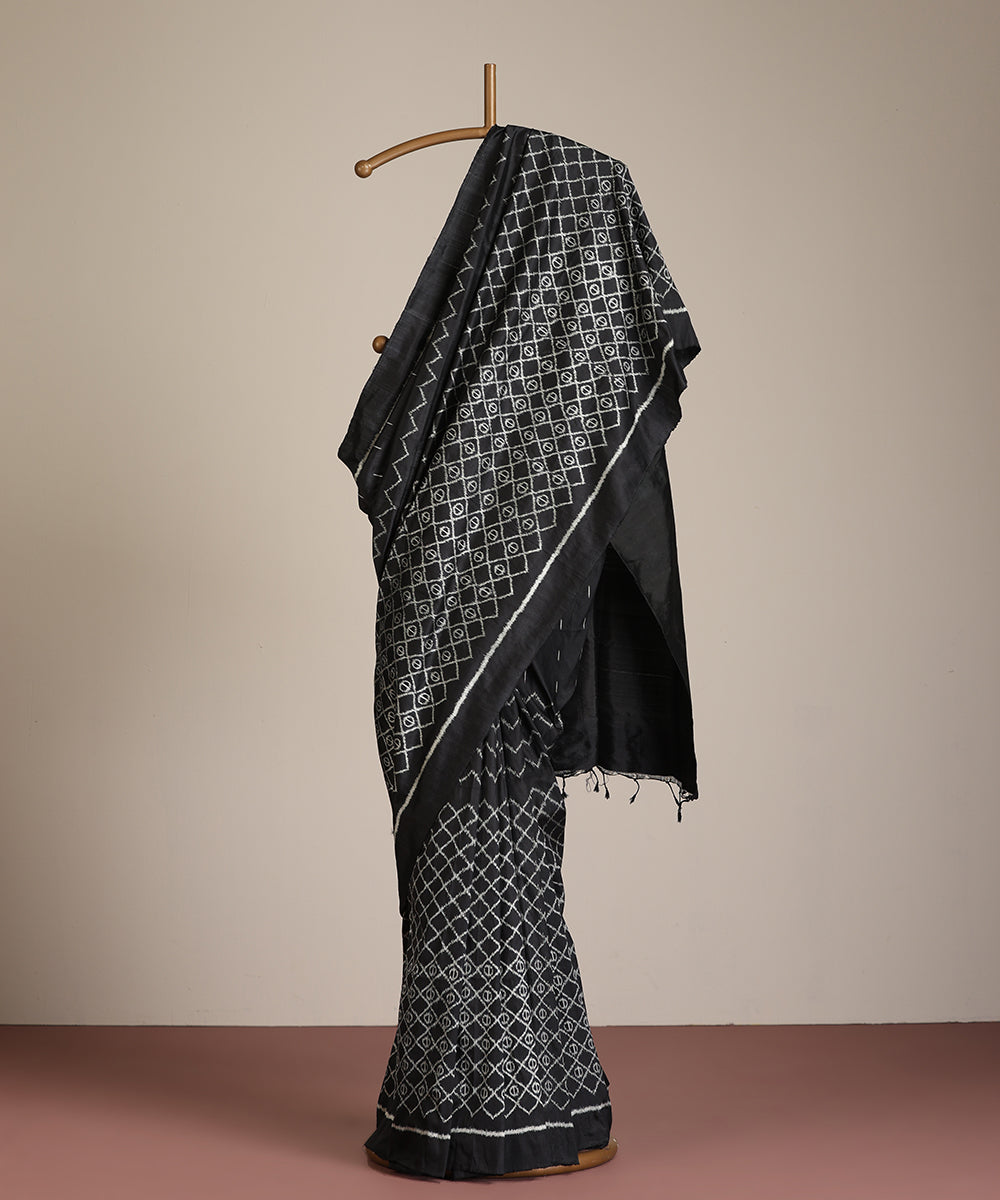 Black Handloom Silk Ikat Saree With Geometrical Motifs