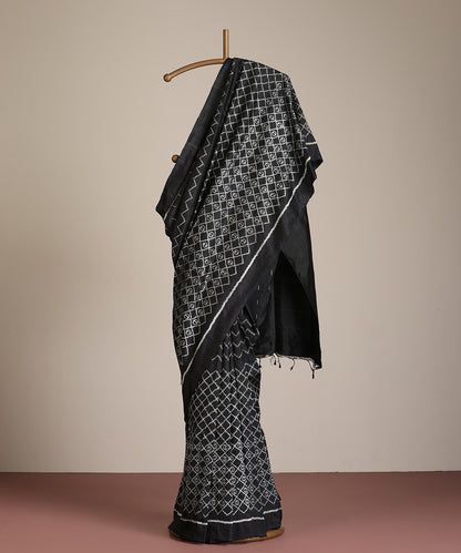 Black Handloom Silk Ikat Saree With Geometrical Motifs