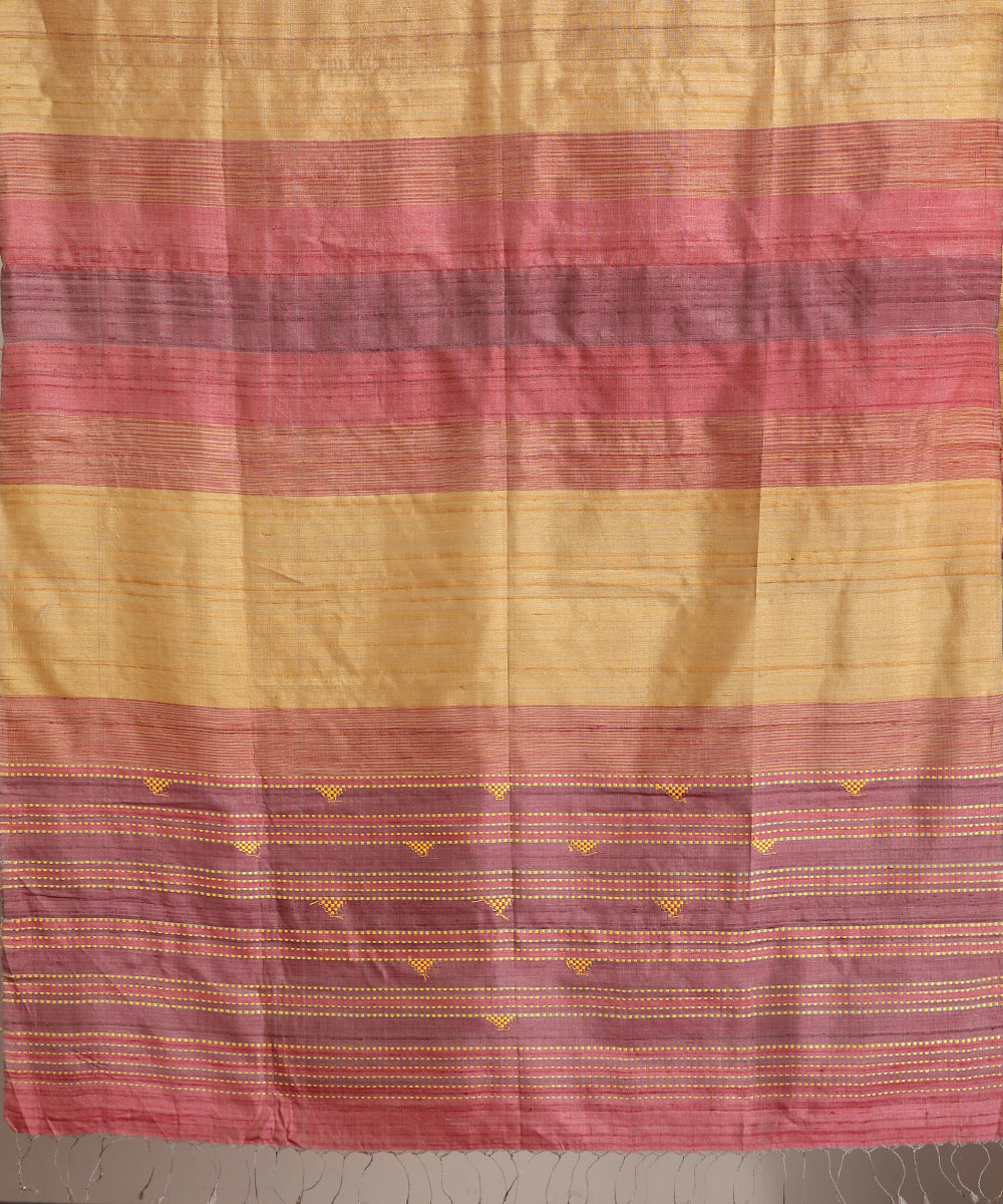 Pink-Mustard Handloom Tussar Ikat Saree With Gradient Hues