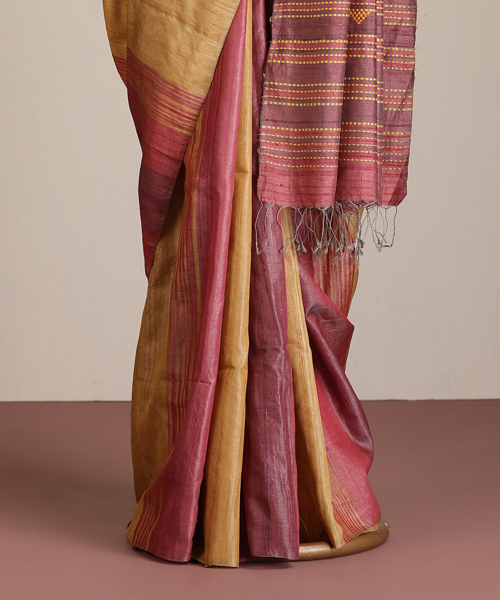 Pink-Mustard Handloom Tussar Ikat Saree With Gradient Hues