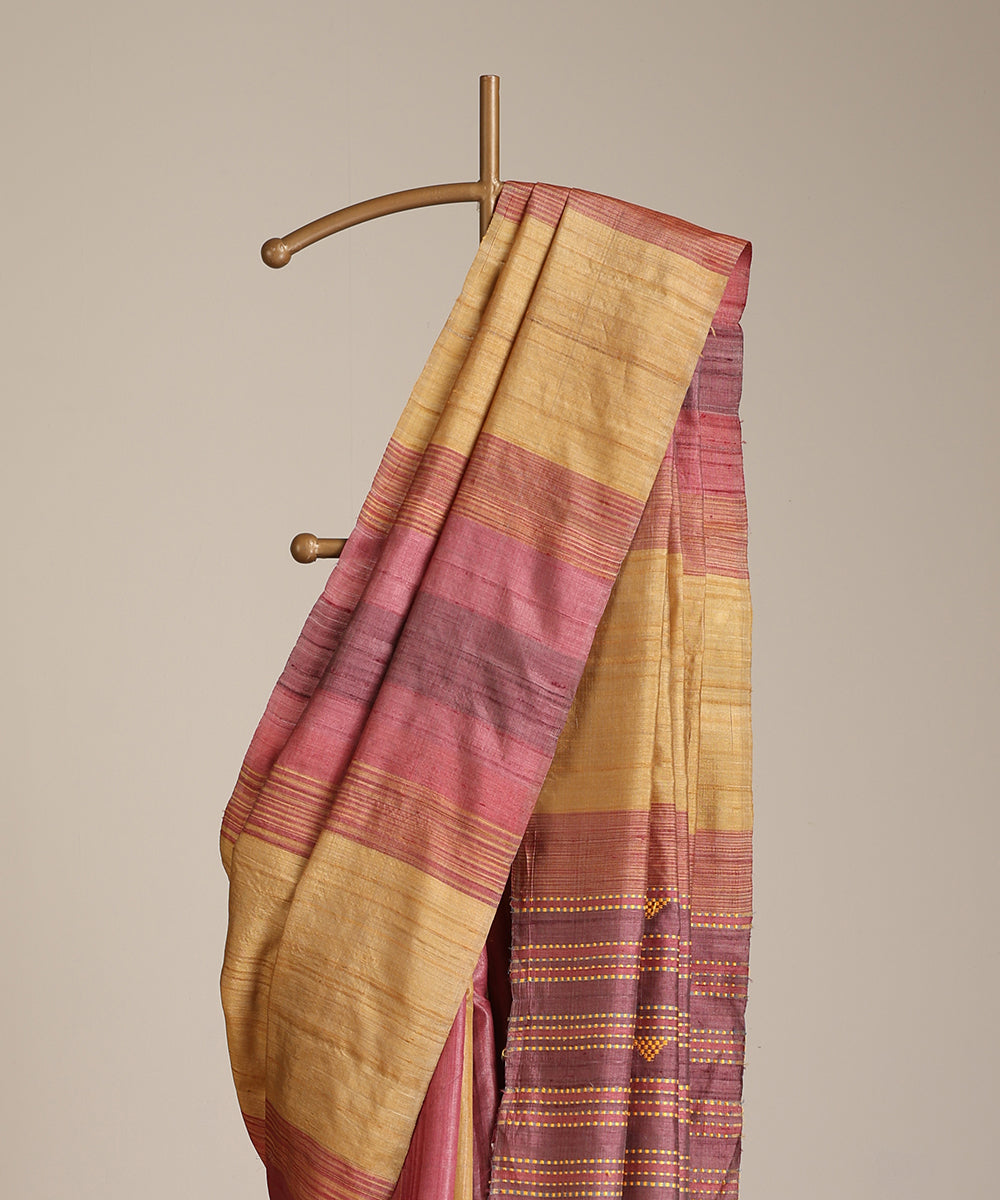 Pink-Mustard Handloom Tussar Ikat Saree With Gradient Hues