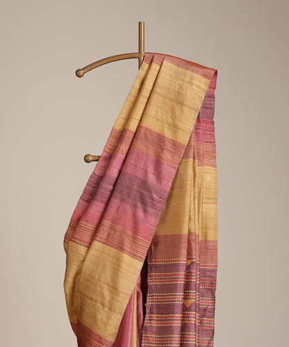 Pink-Mustard Handloom Tussar Ikat Saree With Gradient Hues