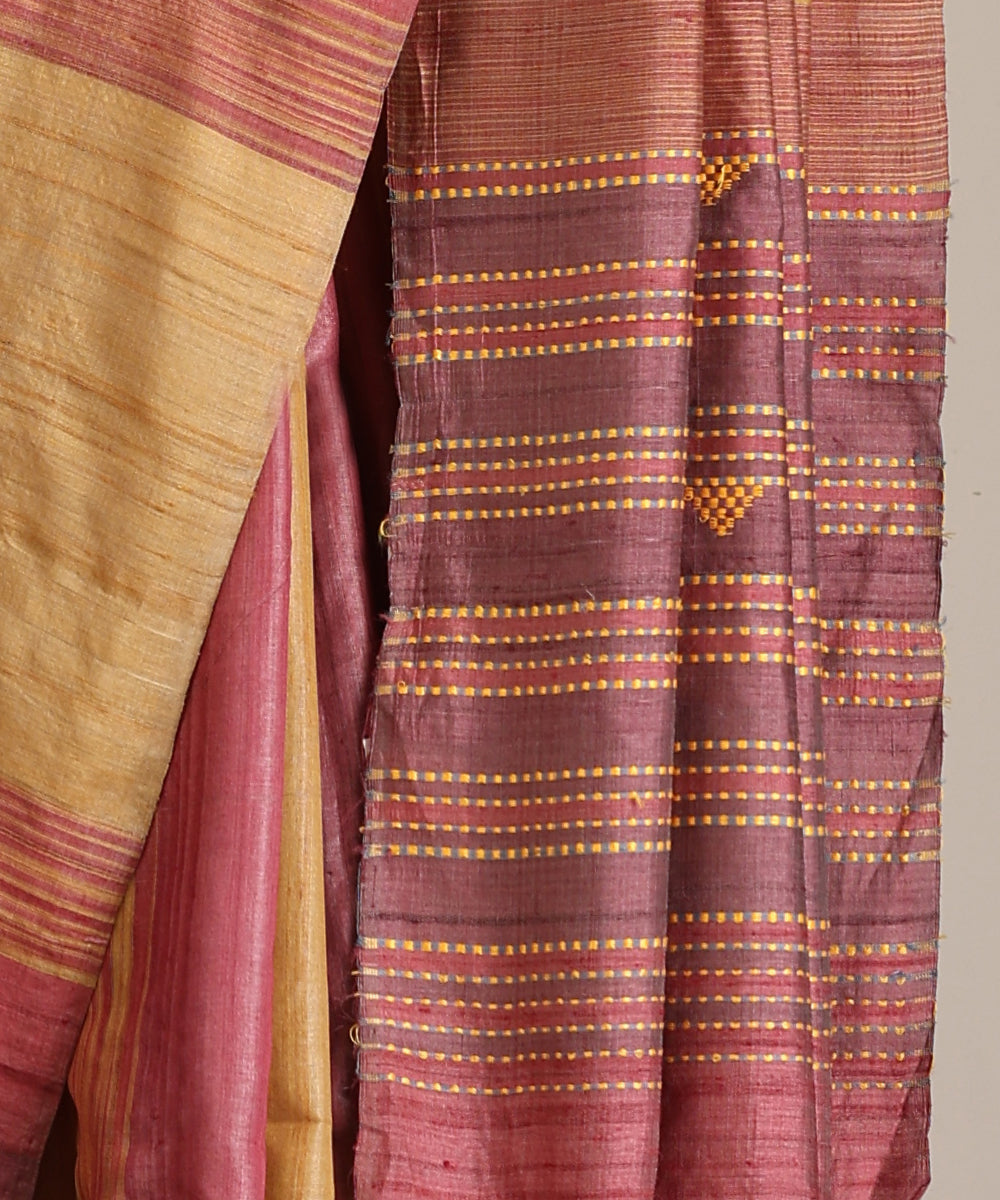 Pink-Mustard Handloom Tussar Ikat Saree With Gradient Hues