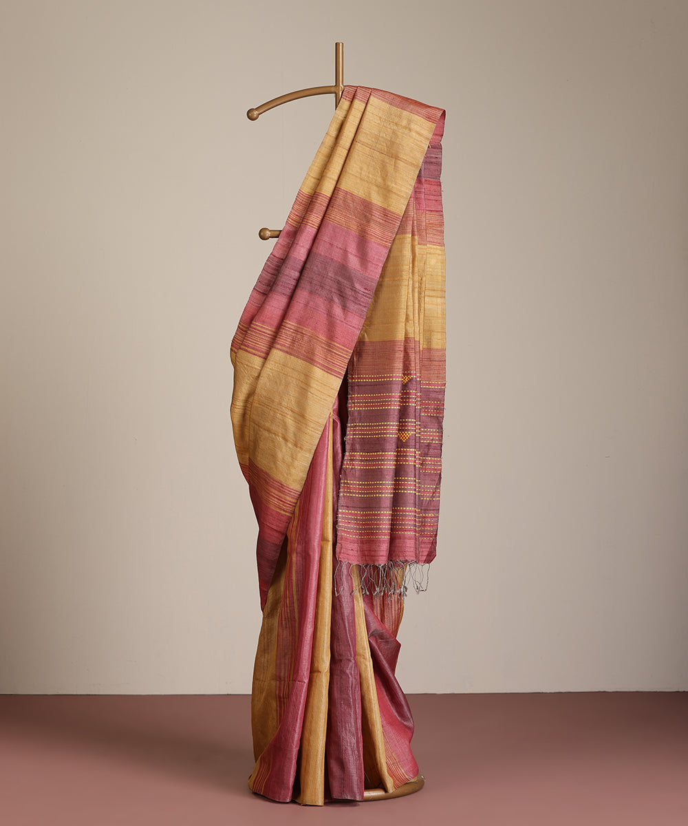 Pink-Mustard Handloom Tussar Ikat Saree With Gradient Hues