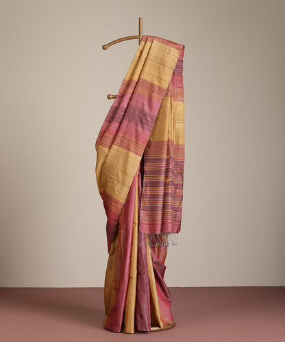 Pink-Mustard Handloom Tussar Ikat Saree With Gradient Hues