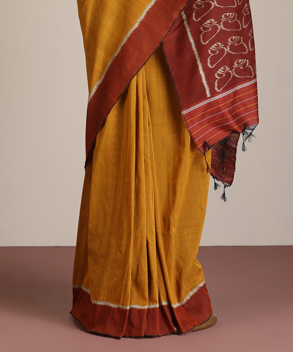 Mustard Handloom Cotton Silk Ikat Saree With Shankh Motif